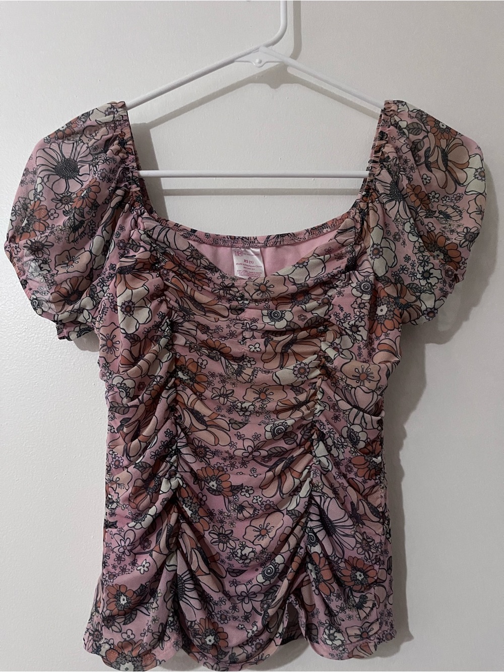 Floral Ruched Puff-Sleeve Top - Pink